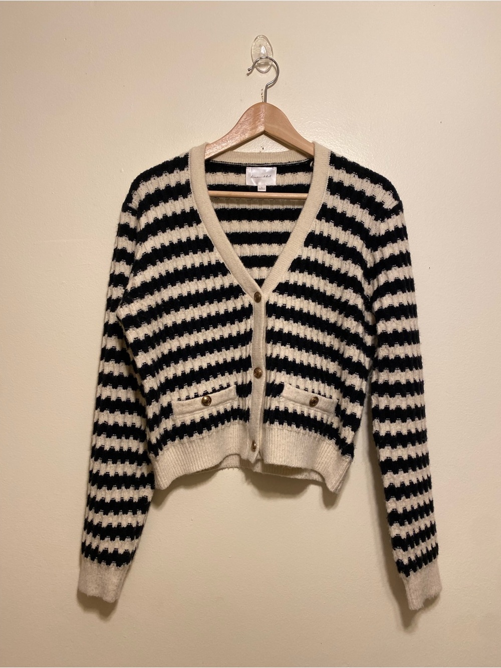 Striped Black and Cream V-Neck Button-Front Cardigan